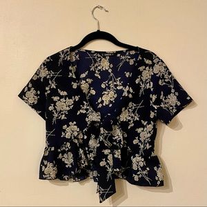 SHEIN Floral Print Tie Front Navy Blue Top